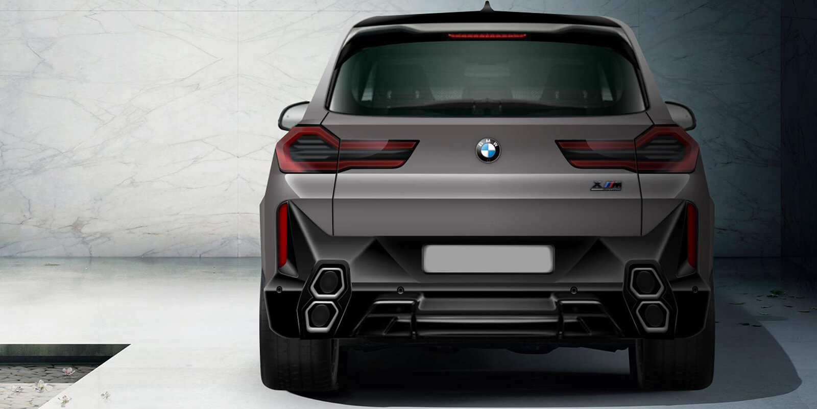Upodobitev prihajajočega BMW XM prikazuje novo postavitev izpušnih konic in elegantne zadnje luči